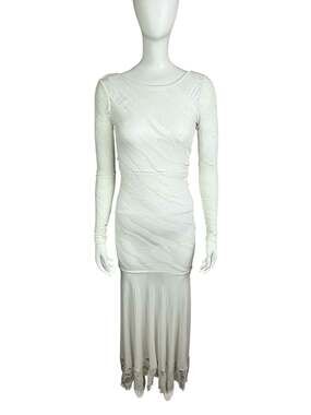 Auditions White Textures Mesh Long Sleeve Maxi Gown with Low Back and Lace Hem D